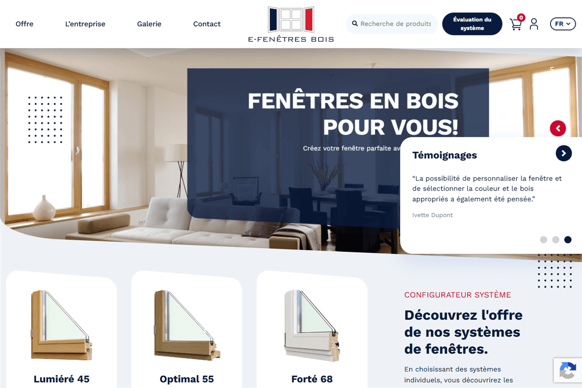 E-Fenêtres Bois wooden windows website homepage with window systems