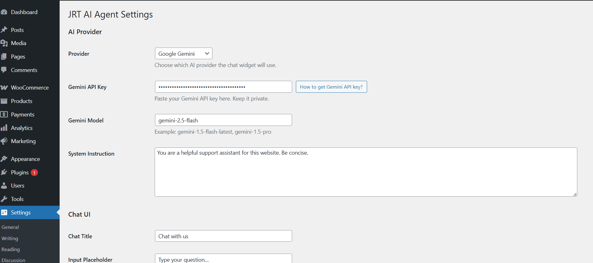 JRT AI Agent floating AI chat widget and settings screen