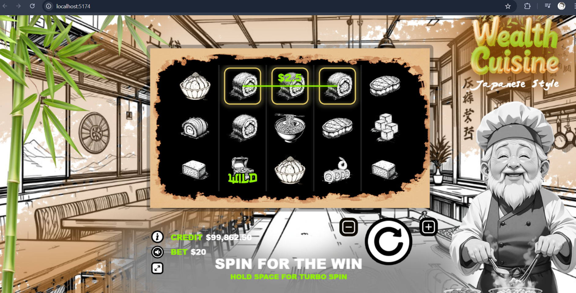 PixiJS online casino reels game with winning effects and UI controls