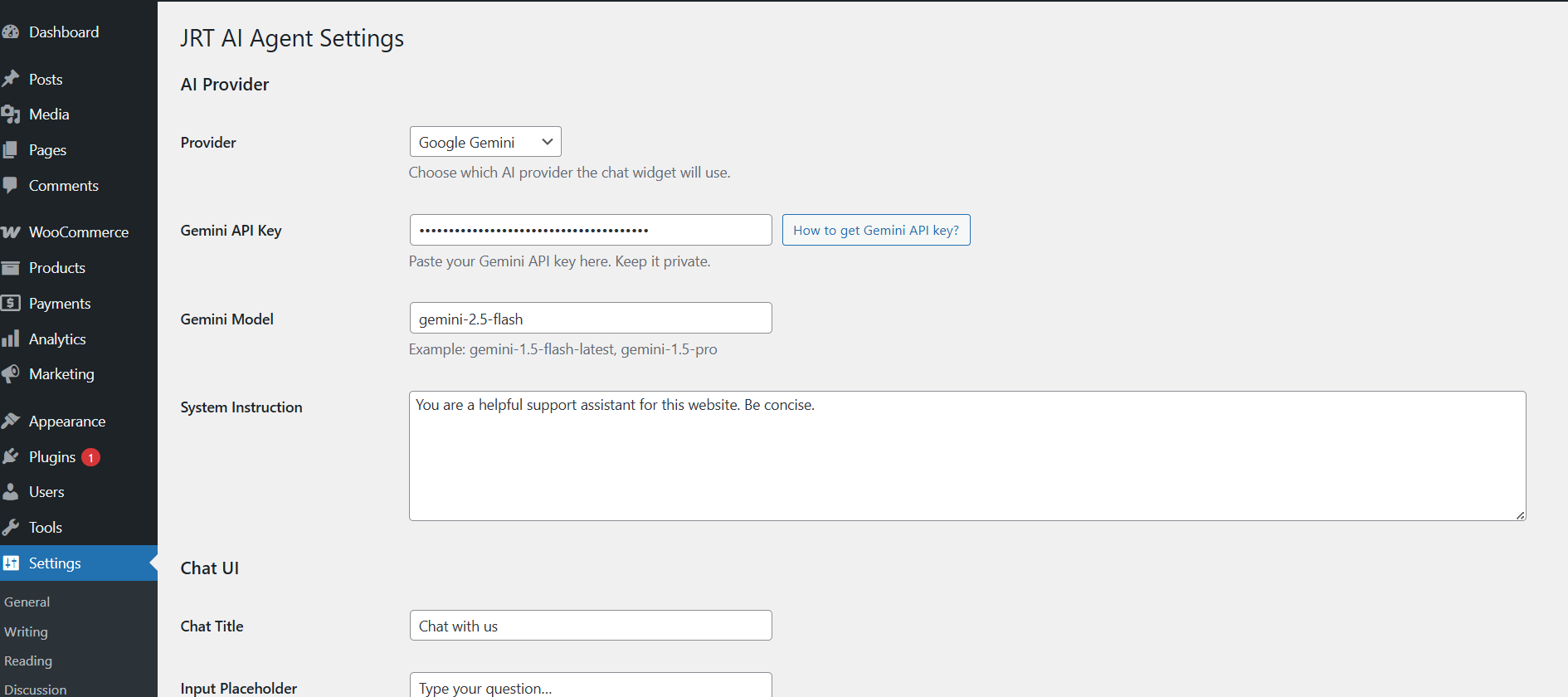 JRT AI Agent floating AI chat widget and settings screen