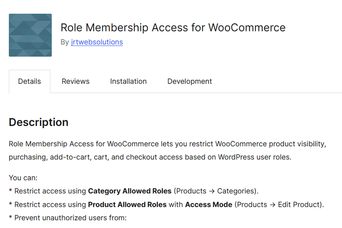 Role Membership Access for WooCommerce plugin settings and role restrictions